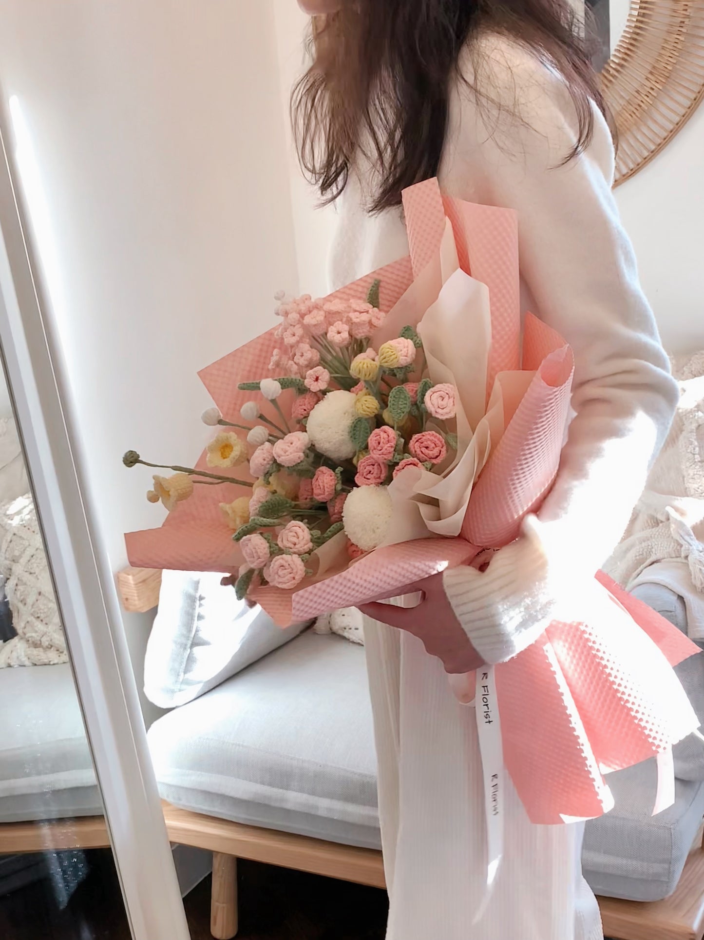 Crochet Flower Bouquet,Pink blossom Preserved Flower, Gift Idea for Valentine's Day, Mother's Day, Birthday gift