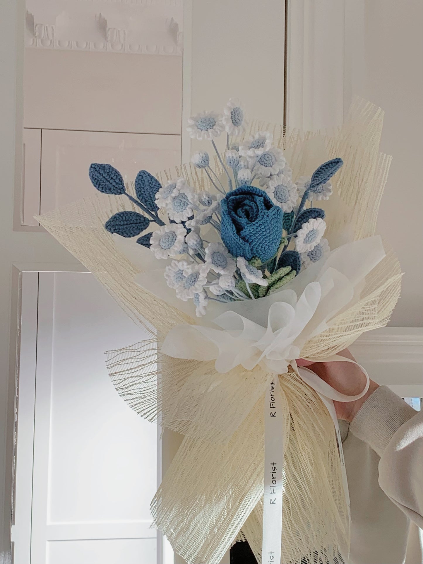 A Blue Rose with Daisies Crochet Bouquet| Lace wrapped preserved flower