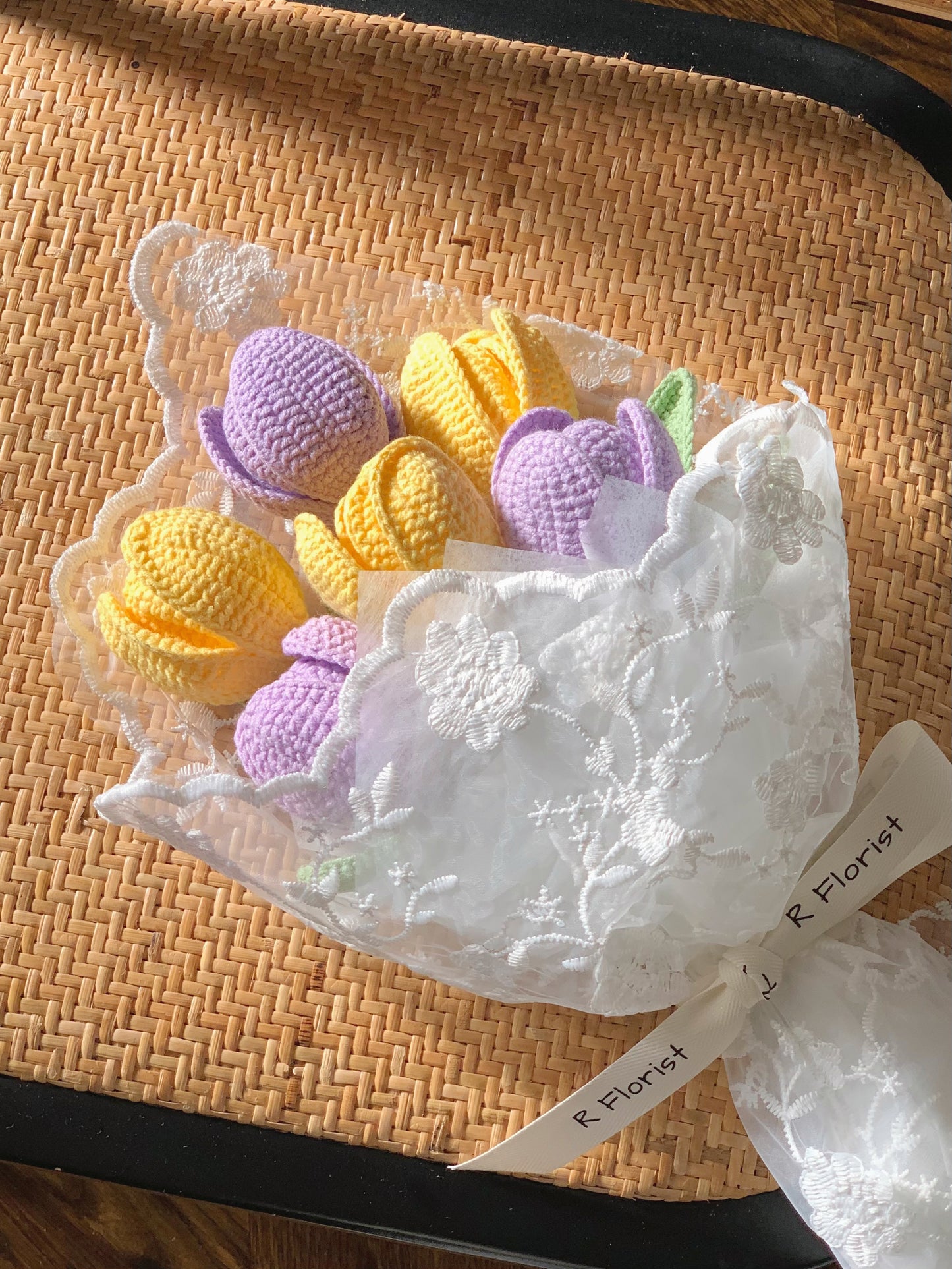 Pink Tulips Crochet Flower Bouquet| Lace Wrapped| Preserved Flower