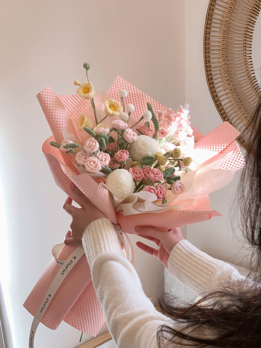 Crochet Flower Bouquet,Pink blossom Preserved Flower, Gift Idea for Valentine's Day, Mother's Day, Birthday gift