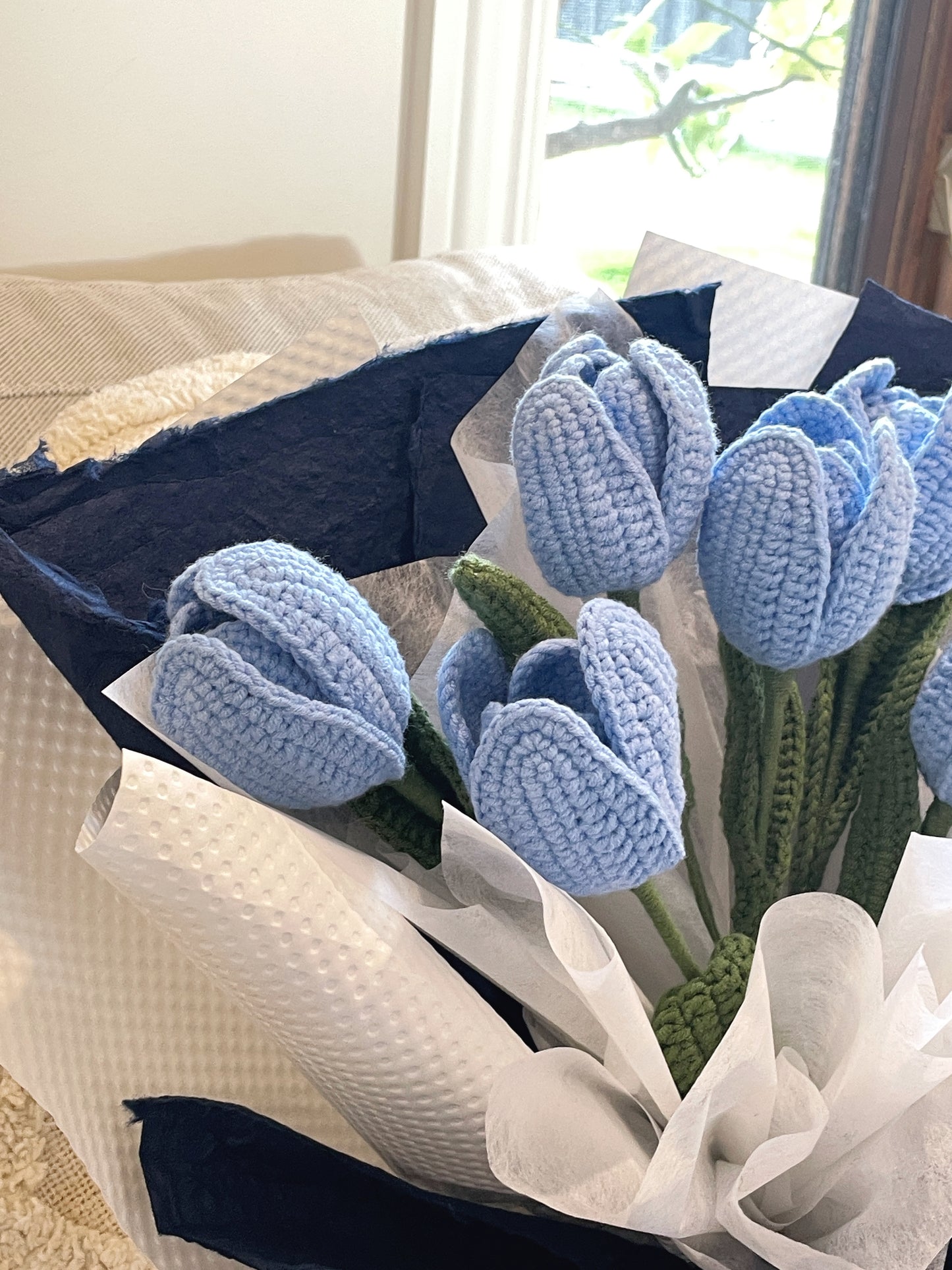 6 Blue Tulips Crochet Flower Bouquet| Preserved Flower