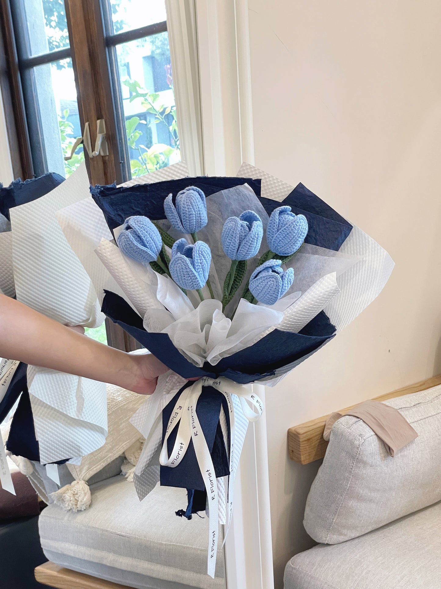 6 Blue Tulips Crochet Flower Bouquet| Preserved Flower