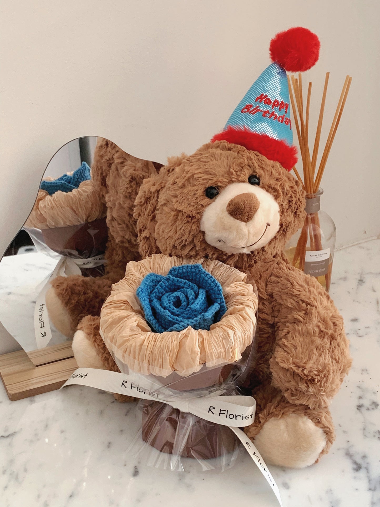 Birthday Teddybear Crochet Bouquet|Single Blue Rose|Preserved Flower