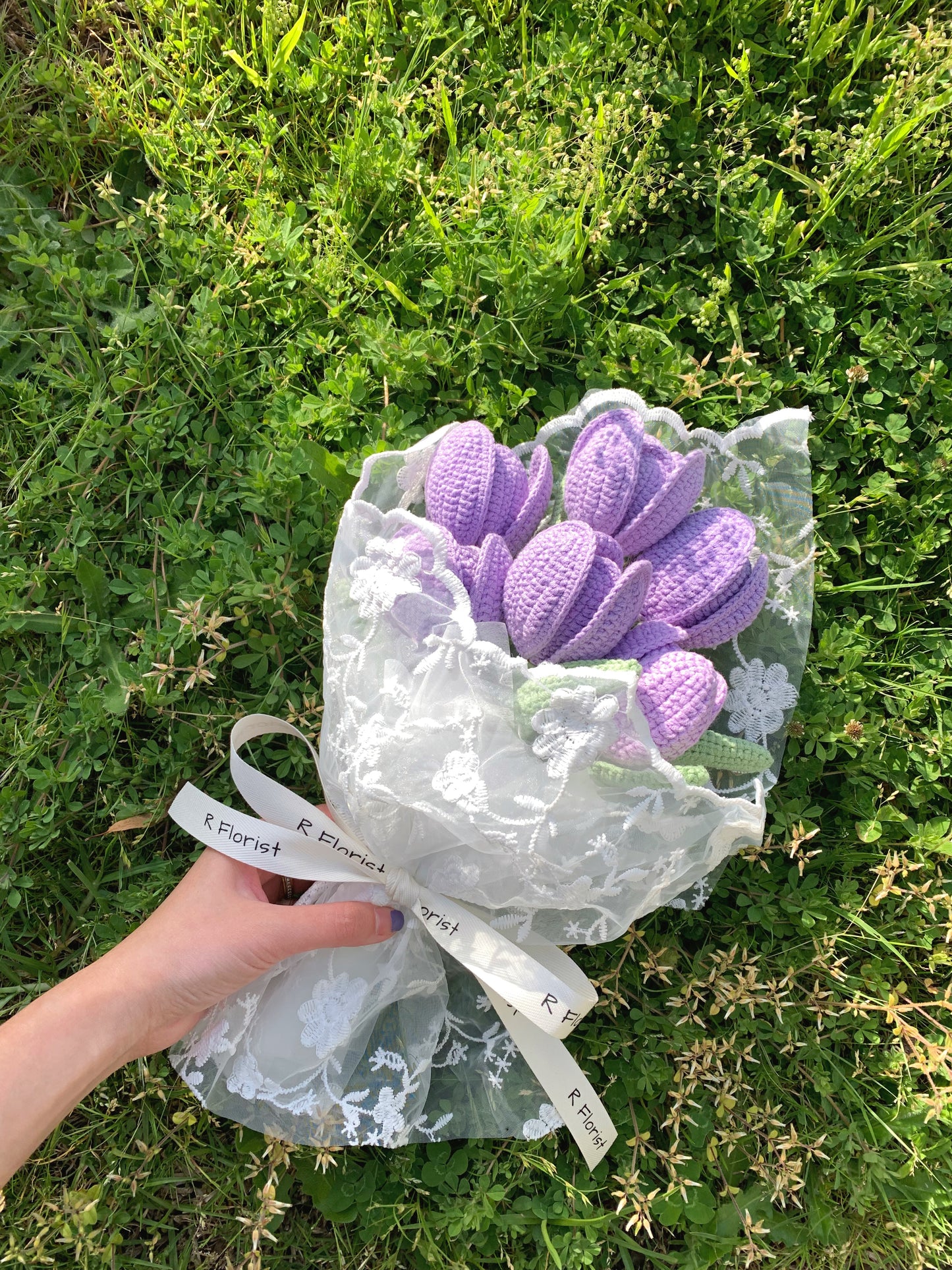 Yellow & Purple Tulips Crochet Flower Bouquet| Lace Wrapped