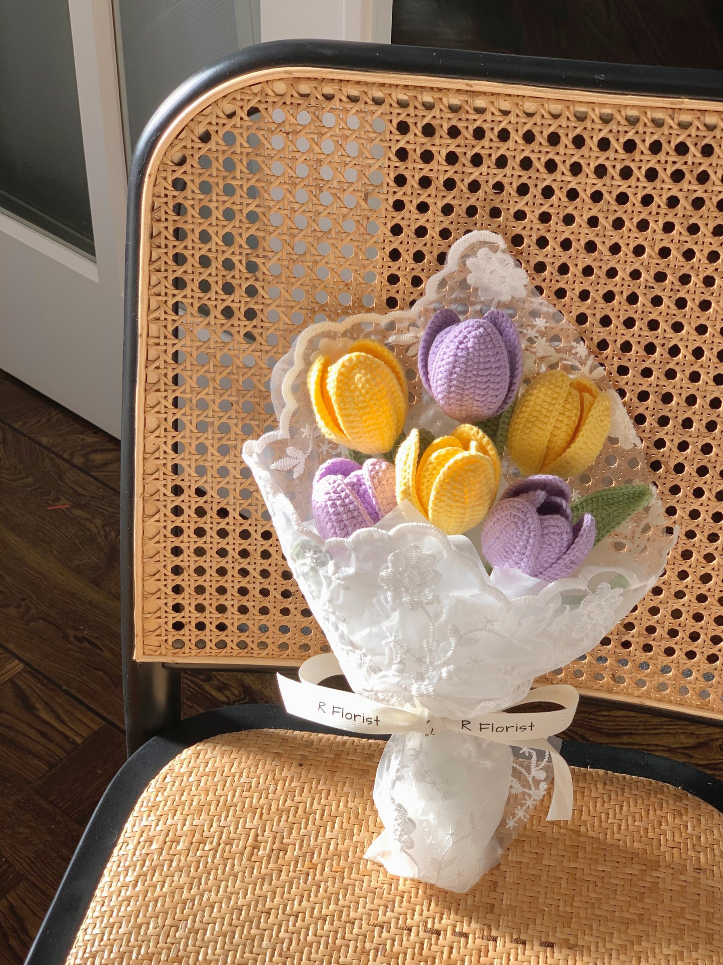 Yellow & Purple Tulips Crochet Flower Bouquet| Lace Wrapped