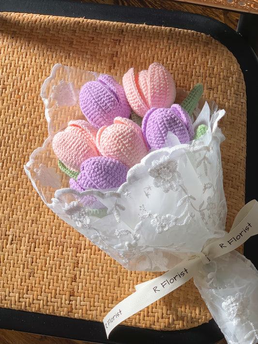 Pink & Purple Tulips Crochet Bouquet| Lace Wrapped Preserved Flower